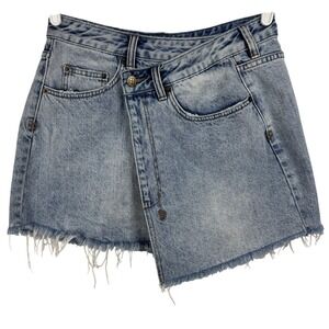 Ksubi Women's Wrap Mini Denim Skirt Acid Wash Distressed Frayed Hem Size 29